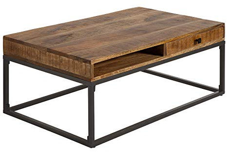 invicta INTERIOR Massiver Couchtisch Iron Craft 100cm Mangoholz mit Schubladen Wohnzimmertisch Tisch Holztisch