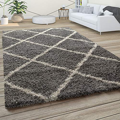 Paco Home Hochflor Teppich Wohnzimmer Schlafzimmer Shaggy Skandinavisch Rautenmuster, Grösse:80x150 cm, Farbe:Grau