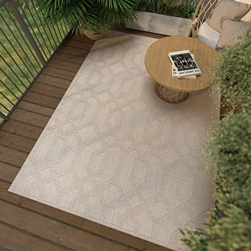 Mazovia Tappeto da Esterno Terrazzo Moderno a Pelo Corto - Tappeto per Esterno Grande - Tappeti da Esterno - Motivo Geometrico - Beige Crema 80x150 cm