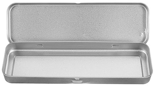 VILLCASE Metal Hinged Tin Box, Single-Layer Pencil Case Rectangular Empty Hinged Tins Stationery Box with Lid for Pen Craft Organize (Silver)