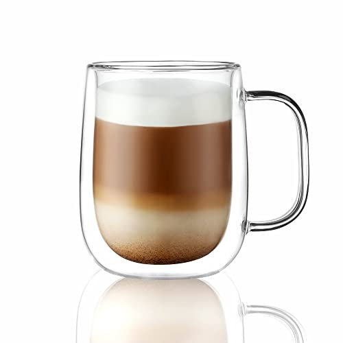 CNGLASS Large Double Wall Glass Coffee Mug 15.2oz(450ml),Clear Insulated Glass Espresso Cup with Big Handle,Set of 1