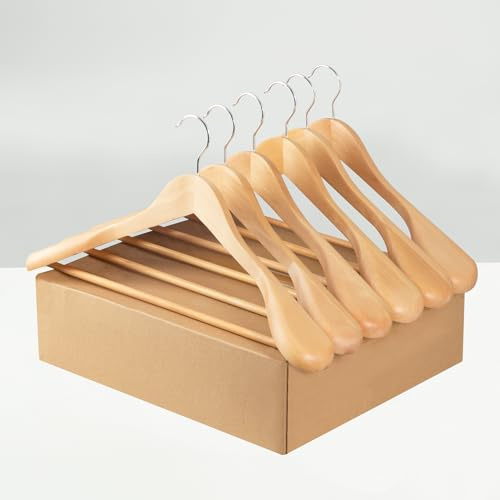 ELONG HOME Suit Hangers, 6 Pack Heavy Duty Wooden with Extra Wide Shoulder, 17.5 Luxury Coat for Closet, Natural with 360 Swivel Hook & Strong Pant Bar