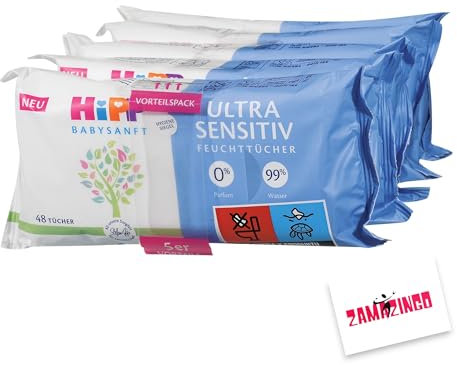 Hipp Babysanft Ultra Sensitiv Feuchttücher 5x 48 Stück | 0% Parfüm, 99% Wasser | Plastikfrei, Hautverträgliche Pflegetücher (1er Pack) + Zama4Zingo Karte