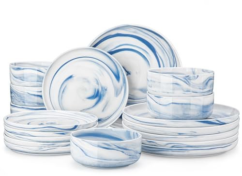 MALACASA, Serie LUNA, 18-teilig Blau Porzellan Tafelservice Kombiservice Geschirrset, je 6 Speiseteller, Dessertteller, Müslischalen für 6 Personen
