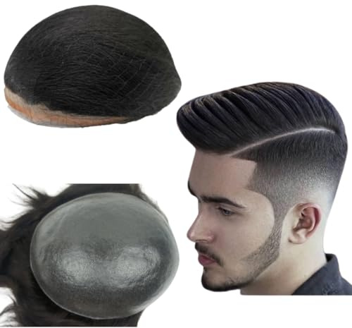 Toupet en peau PU pour hommes 25,4 x 20,32 cm - Pièces capillaires cheveux humains système de remplacement 0,04mm peau fine prothèse capillaire unités patch implant (#1 noir de jais)