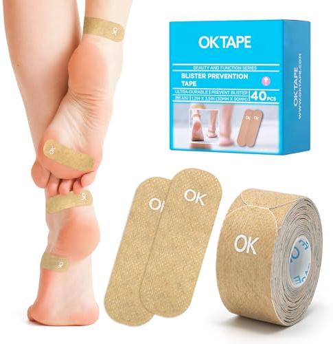 OK TAPE Moleskin - Nastro per prevenzione delle vesciche, 40 pezzi, per vesciche, senza residui, per piedi e corpo, toppe per talloni, strisce pretagliate da 3 x 8,9 cm, beige