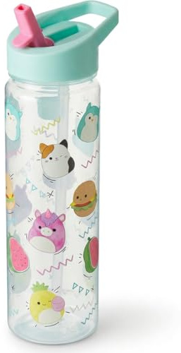 Hox Squishmallows 600ml Kids Water Bottle with Straw, Leak Proof Flip Spout, BPA Free Reusable Drinks Bottle with Carry Loop, Cute Kawaii Character Design for School & Travel