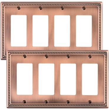 TREEWELL 2-Pack Quad Decorator Outlet Cover Plate, Antique Copper Pearls Decorative Switch Plates and Outlet Covers, Metal Wall Plates for Electrical Outlets, Receptacle, GFCI Outlet, Dimmer Switch