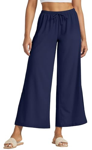 WILLIT Palazzo - Pantalon large pour femme - Léger - Taille haute - UPF 50+ - Séchage rapide - Protection solaire - Avec poches - Bleu marine - Taille L