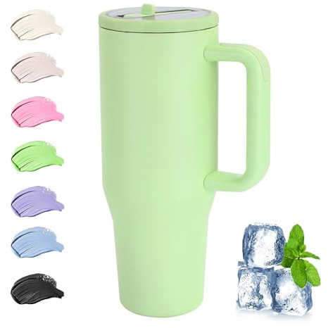 Thermobecher mit Strohhalm und Henkel, 40oz/ 1200ml Kaffeebecher to go Thermo, 100% Auslaufsicher Edelstahl Isolierbecher | Flip-Strohhalm Deckel | Spülmaschinenfest | BPA Frei (Grün)