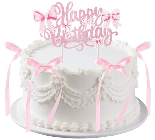 Décoration de Gâteau en Forme Noud avec Inscription Joyeux Anniversaire, Style Rétro Décoration Fête à Thème Vintage et Coquette Gâteau en Forme Cour et Ruban (Rose)