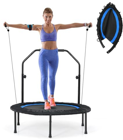 COSTWAY Trampoline Exterieur Interieur Enfant Adulte Ø101 cm, Trampoline Fitness Pliable avec Poignée, Hauteur Réglable à 4 Niveaux, 2 Bandes de Résistance, 6 Pieds, Charge 150 kg (Bleu)