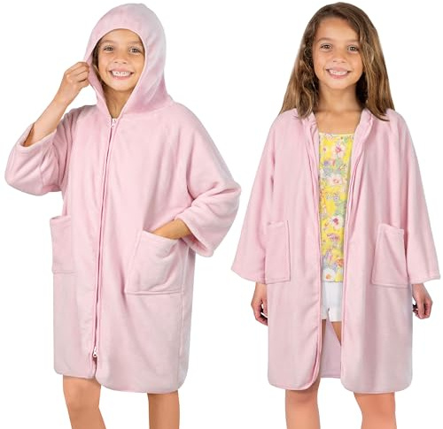 SUN CUBE Hooded Towel Robe for Kids, Zip Up Swim Parka Beach Cover Up for Girls, Surf Poncho for Girls Warm Changing Bath Towel for Pool with Zipper Hood 7-10, Pink