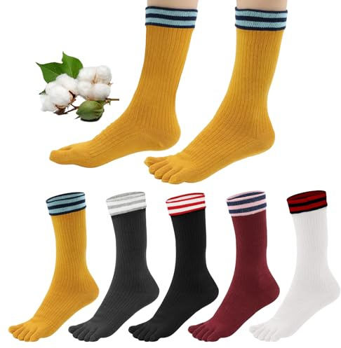 Soleeya 5 Pares Calcetines Dedos Mujer Algodón de Deporte EU 35-40 Suave y Transpirable Rayas Calcetines Algodon con Dedos Separados Mujer Deportivos Correr Ciclismo (A)