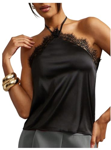 MakeMeChic Women's Satin Halter Tops Silk Lace Trim Tie Backless Going Out Tank Top Black X-Small