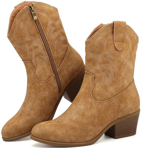 Bravover Cowboy Boots for Women Mid Calf Side Zip Western Embroidery | Almond toe block heel contrast stitching pull tabs synthetic upper for country concerts festivals and casual outfits