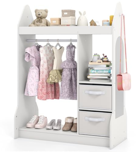 COSTWAY Guardaroba per Bambini, Armadio Gioco con Specchio Appendiabiti, Cassette in Tessuto Pieghevoli, Organizer per Stanza e Camera da Letto, 81 x 38 x 107 cm (Bianco)