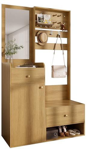 Ensemble vestiaire scandinave en bois couleur bois avec miroir - Armoire penderie scandinave en bois pour petits espaces - Ensemble de meubles de couloir multifonctionnels - Garde-robe compacte avec