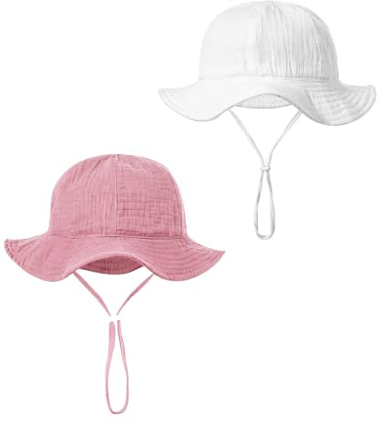 2 Piezas Sombrero de Sol para Recién Nacido, Gorro de Algodón con Correa Ajustable para Bebés de 0-12 Meses, Rosa Oscuro y Blanco