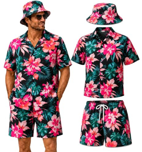 ZHIVEMEi Hawaii skjorta herr set med shorts & hatt, Hawaii-outfit män Hawaii-skjorta festival män Mallorca party kostym sommar, XXL