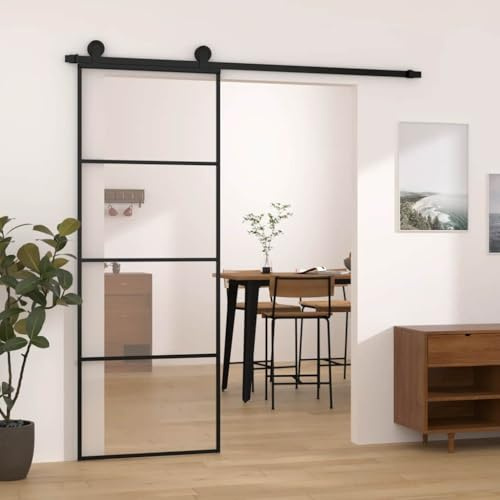 Augerlite Skjutdörr med beslag 76 x 205 cm ESG-glas och aluminium i svart, glidskena 200 cm, dörrtjocklek 4 mm, upp till 80 kg, platsbesparande rumsövergång