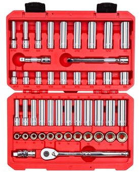 TEKTON 3/8 Inch Drive Shallow and Deep 12-Point Socket and Ratchet Set with Case, 46-Piece (5/16-3/4 in., 8-19 mm) | SKT15302
