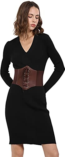 HOEREV Donne Ragazze Elastico Banda Larga Elastico Legato Waspie Corsetto Cintura in Vita,Marrone con bottone,M