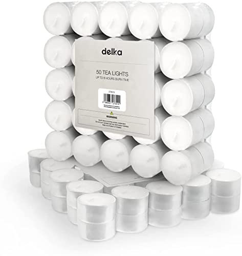 delka Unscented Tea Lights White- Long-Lasting 8 Hour Burn Time-Smoke-Free Bright Flame -Ideal for Weddings, Events, Aromatherapy, Home Décor, and Emergency Use-Premium Quality (White, Pack of 50)