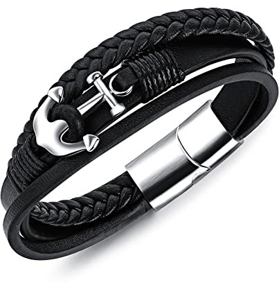 Ategazza Herren Lederarmband in Schwarz mit Anker-Symbol Edelstahlverschluss 21,5 cm GB503