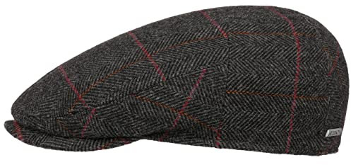 Stetson Bendner Driver Wool Flatcap Herren - Made in Germany - Schirmmütze mit Wolle - Baumwollfutter - Fischgrätmuster Mütze - Schirmlänge 4.5 cm - Herbst/Winter grau-schwarz M (56-57 cm)