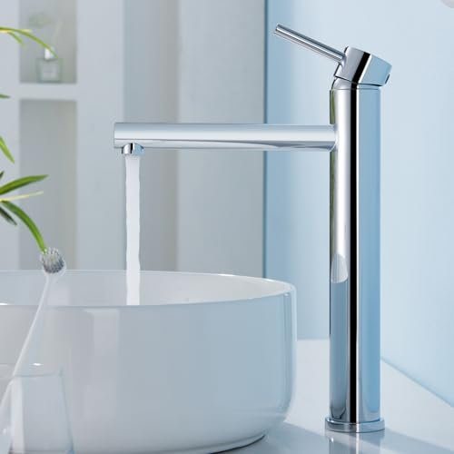 Kelleria Mitigeur Lavabo Haut, Robinet de Bain Chromé, Mitigeur de Lavabo à Une Poignée, avec Hauteur de Bec de 225mm, Fabriqué en Acier Inoxydable avec Noyau en Céramique Silencieux