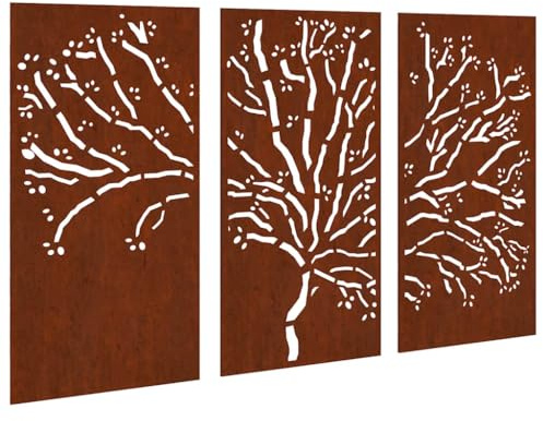 vidaXL Adorno de Pared de Jardín 3 pzas, Decoración Metálica de Pared, Lámina Metal, Adorno de Pared para Patio, Acero Corten Diseño Árbol 105x55 cm