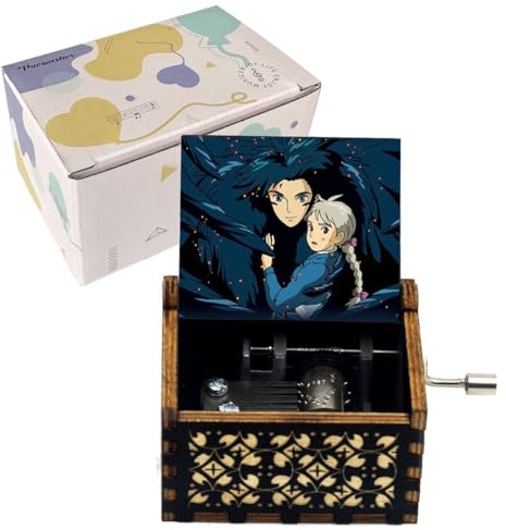 Pursuestar HowlMoving Castle-Merry Go Round of Life Wood Music Box, Hand Crank Vintage Engraved Musical Gift for Anime Fans Girlfriend Valentine Wedding Christmas Birthday