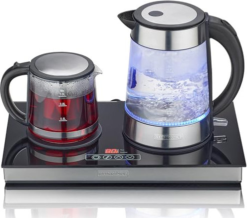 HEINRICHS Teestation, Tee-und Kaffeestation, Wasserkocher 1,7L und Teekanne 1L mit Edelstahlfilter, Basis mit LED Display und Sensor-Touchbedienung, LED Beleuchtung, Warmhalteplatte, 2200 W Heinrich´s