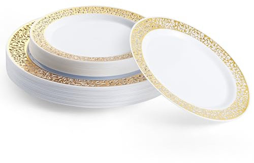 MATANA 40 Platos de Plástico Blanco Premium con Borde Dorado, 2 Tamaños - Elegantes y Reutilizables - Vajilla Resistente para Bodas, Cumpleaños, Catering, Barbacoas, Fiestas