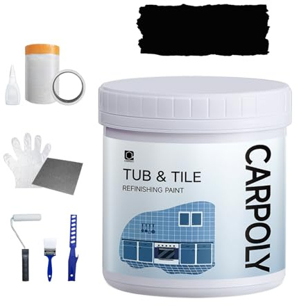 CARPOLY Tile Paint, 17oz Tub and Tile Refinishing Kit with Tools, DIY Bathtub Paint Kit for Bathroom, Water-based|Low Oder, Easy to Use for Kitchen, Porcelain, Floor, Semi-gloss Black, 20-30sq.ft