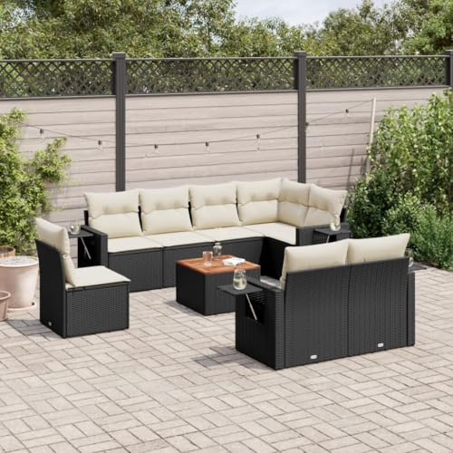 IBUQDDV Set di 9 divani da giardino con cuscino, nero, in polyrattan, design modulare con rivestimenti rimovibili, comodo set da divano in rattan sintetico, con ripiani pieghevoli e legno di acacia