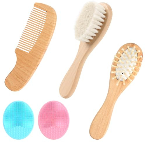 5Pcs Baby Hair Brush and Comb Set,Natural Soft Bristles Baby Brush with Wooden Handle,Cradle Cap Brush for Newborns,Infant,Toddlers,Baby Essentials