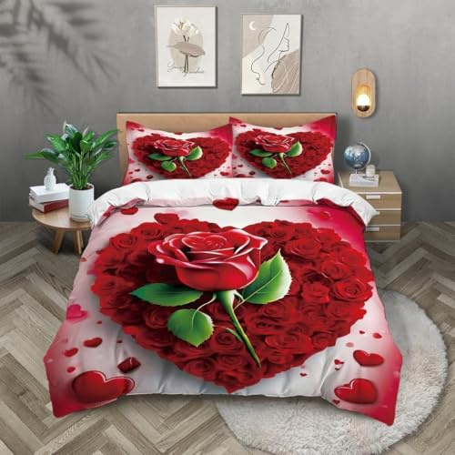 Funda Nordica Cama 135/150 Rosa en Forma de Corazón 3D Ropa de Cama Microfibra Suave Flores Románticas Funda de edredón 220x240 cm con Cremallera y 2 Funda de Almohada 50x75 para Cama Doble I.2489