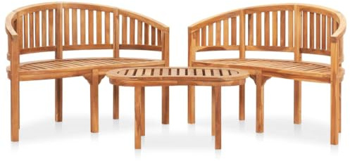 HFXHIJXQ Juego de salón de jardín de madera de teca maciza de 3 piezas con 2 bancos de plátano y 1 mesa de madera, acogedor mueble de jardín para terraza, balcón y jardín