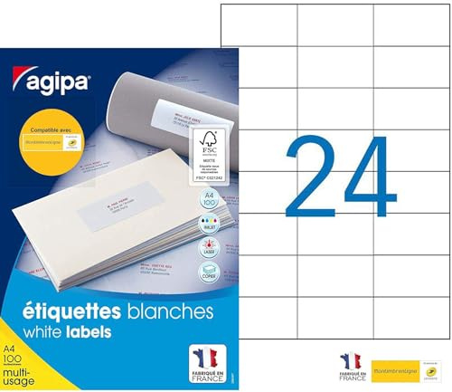 Apli Agipa – Boite Étiquettes Adhésives Blanches Multi–Usages – Certifié FSC – Anti-bourrage - 70 x 37 mm – 2400 Étiquettes