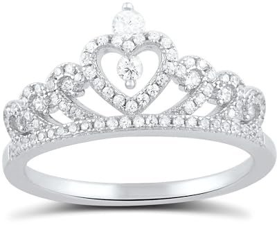 Rhodium Plated Sterling Silver Womens Cz Cubic Zirconia Princess Heart Crown Ring - Size 7