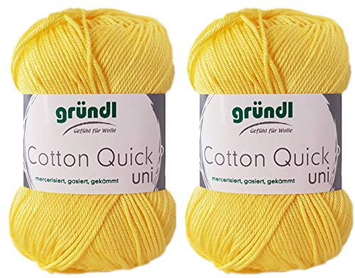 2x50 Gramm Gründl Cotton Quick 100% Baumwolle, Häkelgarn mercerisiert, gasiert, gekämmt inkl. Anleitung für ein Meerschwein (131 Sonnengelb)