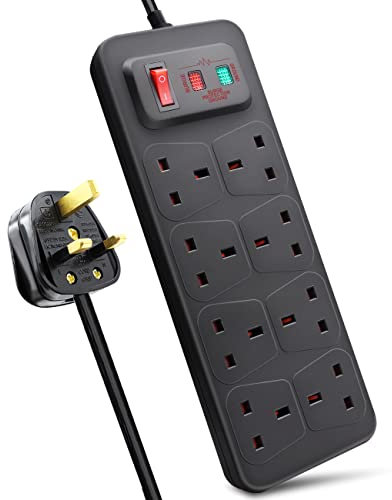 EXTRASTAR Universal Extension Lead, 8 Way Outlets Surge Protection Power Strips with Switch, Wall Mounted 13A/MAX.3120W Fused UK Power Socket (2M, Black)