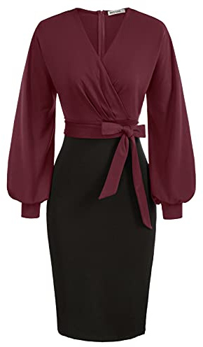 GRACE KARIN Dam bodycon pennklänning V-ringad kortärmad cocktailklänning med bälte, Vinröd-svart (långärm), XXL