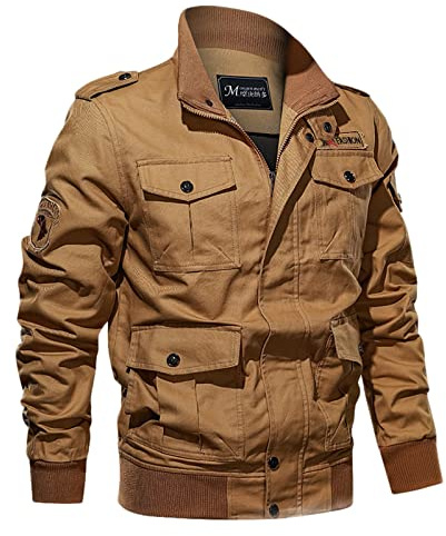 Sportive Homme Poches Multipoches Solide Reverse Veste Plus Grande Fermeture Éclair Manteau de Loisirs Respirant Col Montant Homme Veste D'été, kaki, XXL