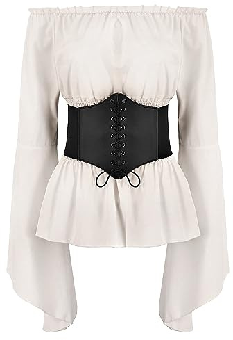 OBEEII Camicetta da donna Renaissance Top, con volant, elastico in vita, maniche a tromba, camicetta pirata, costume medievale, steampunk vittoriano, cosplay, carnevale, a maniche lunghe, colore