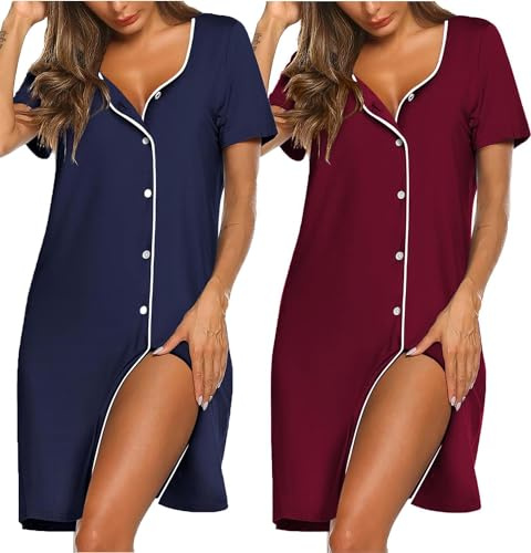 Ekouaer 2 Pezzi Camicia Notte Donna Cotone Maniche Corte Scollo a V Elegante Abito Casual