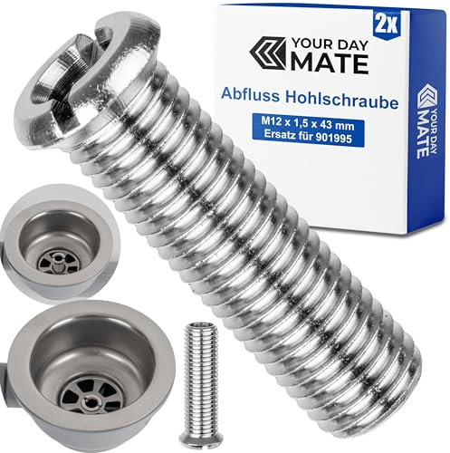 Banjo Bolt for Strainer Basket Valve, M12 x 1.5 x 43 mm, 2 Pieces, Compatible with Blanco Drain Set, Replacement for Item 901995, Made of Brass, fine Thread, Repair Screw Sink Valve Drain