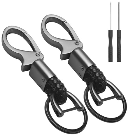 Vossot 2 portachiavi a forma di D, moschettone in lega di zinco, portachiavi per auto con 2 anelli, cacciavite, anti-perdita, regalo per uomo, amico, nero